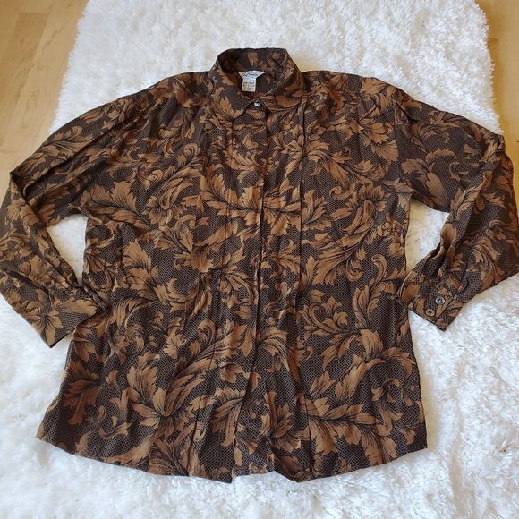 Vintage PAUL STANLEY Womens Brown 100% Silk Shirt Blouse Size 10 - Picture 1 of 10